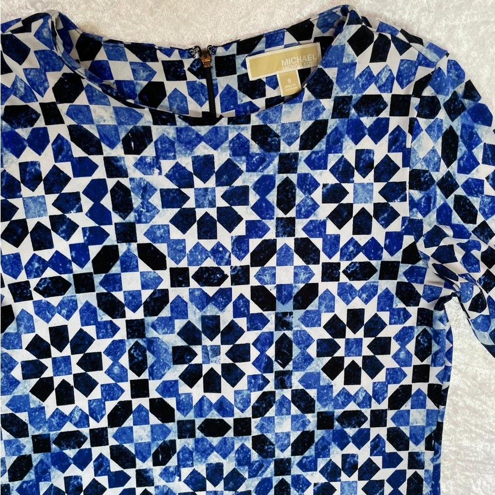 Michael Kors Sheath Dress Small Blue EUC Geometric Tile Print Long Sleeve